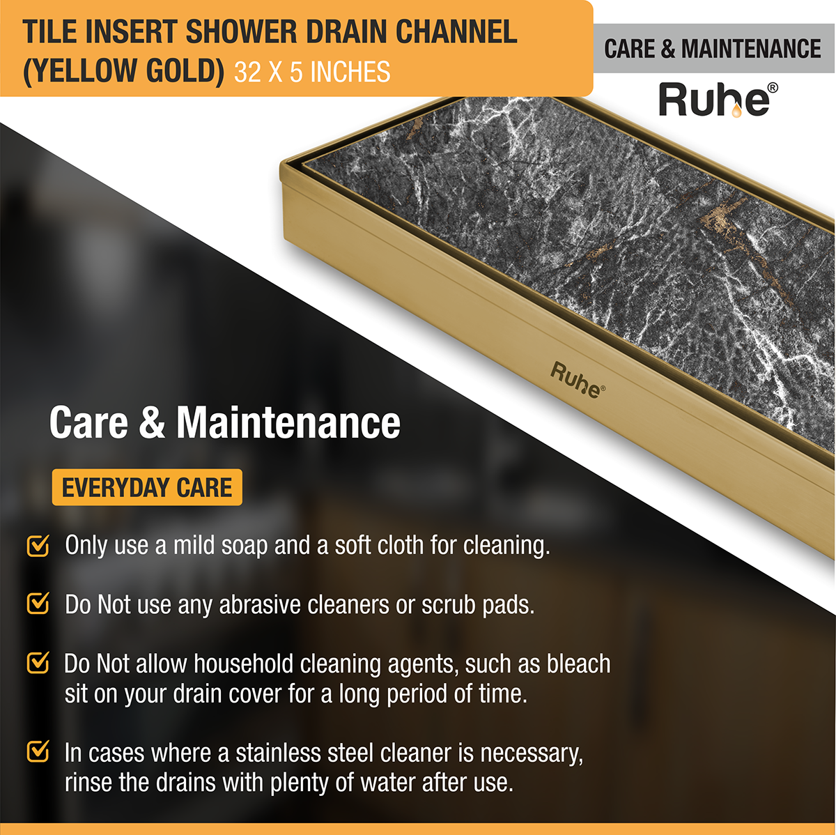 Tile Insert Shower Drain Channel (32 x 5 Inches) YELLOW GOLD PVD Coated - by Ruhe®