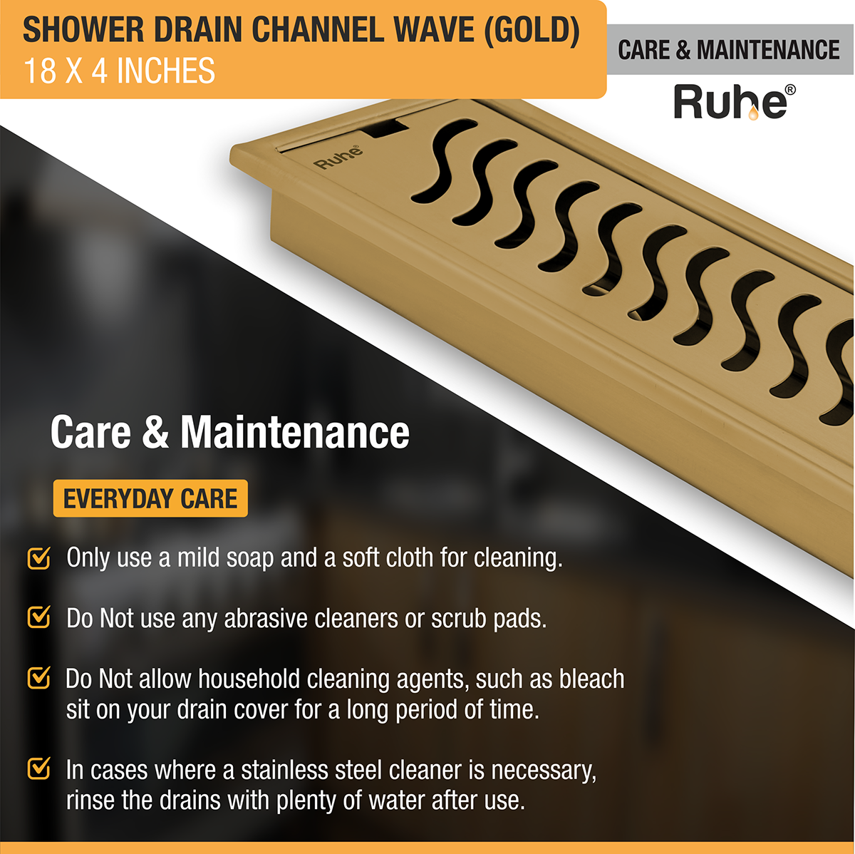 Wave Shower Drain Channel (18 x 4 Inches) YELLOW GOLD PVD Coated - by Ruhe®