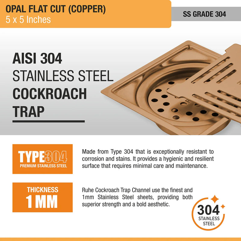 Opal Square Flat Cut Floor Drain in Antique Copper PVD Coating (5 x 5 Inches) - by Ruhe