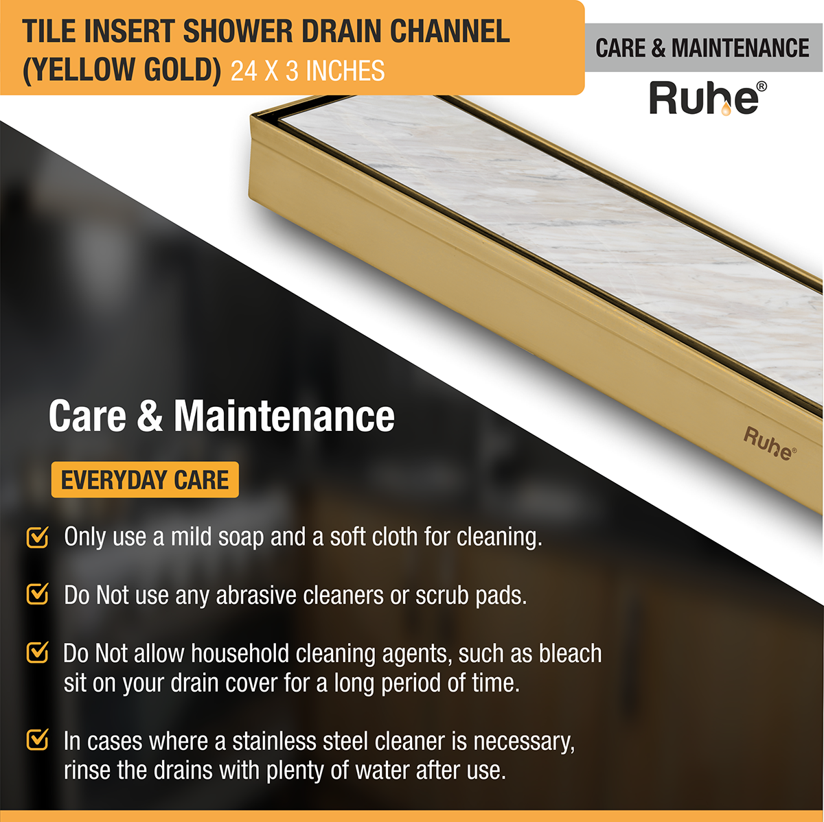 Tile Insert Shower Drain Channel (24 x 3 Inches) YELLOW GOLD PVD Coated - by Ruhe®