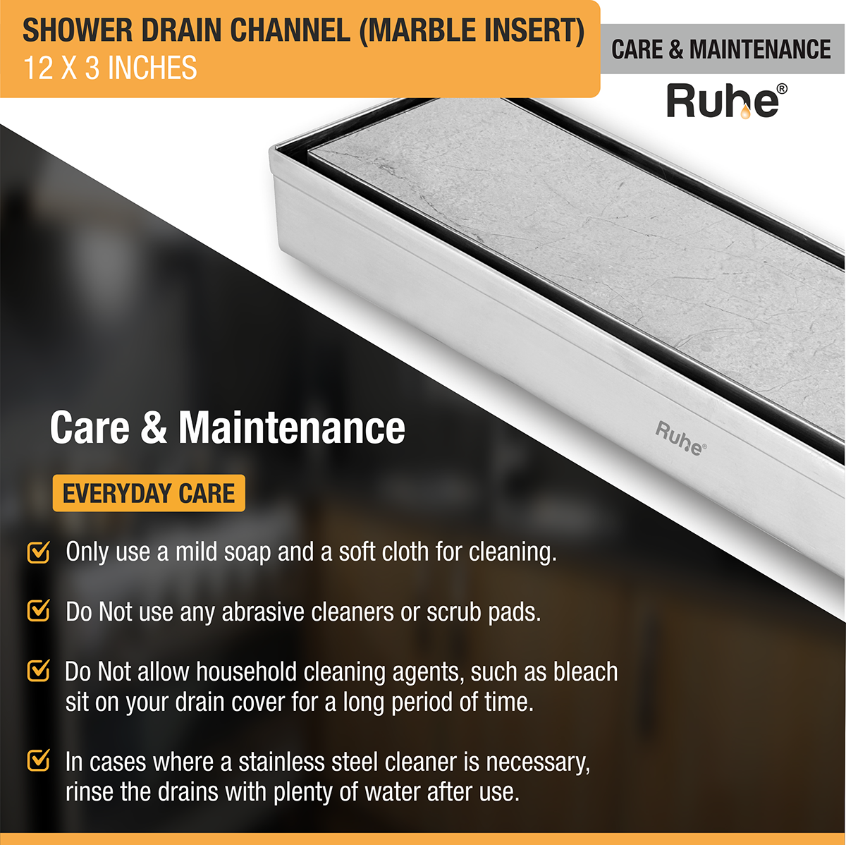 Marble Insert Shower Drain Channel (12 x 3 Inches) with Cockroach Trap (304 Grade) - by Ruhe®