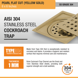 Pearl Square Flat Cut Floor Drain in Yellow Gold PVD Coating (6 x 6 Inches) stainless steel