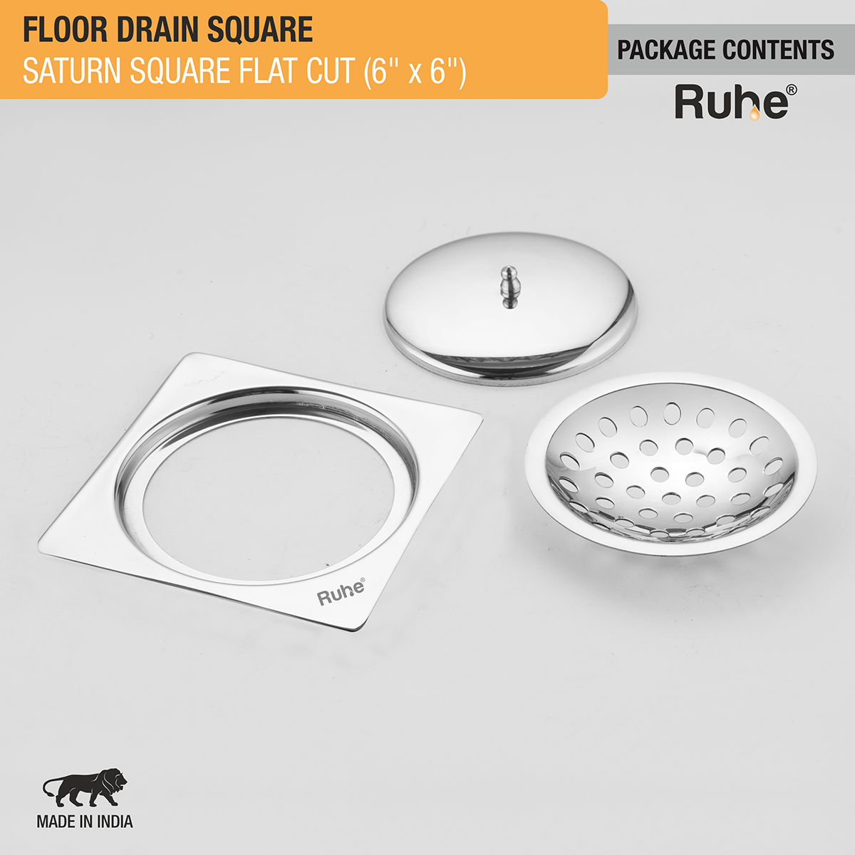 Saturn Square Flat Cut Floor Drain (6 x 6 Inches) with Lid - by Ruhe®