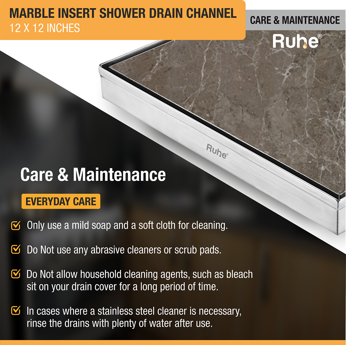 Marble Insert Shower Drain Channel (12 x 12 Inches) with Cockroach Trap (304 Grade) - by Ruhe®