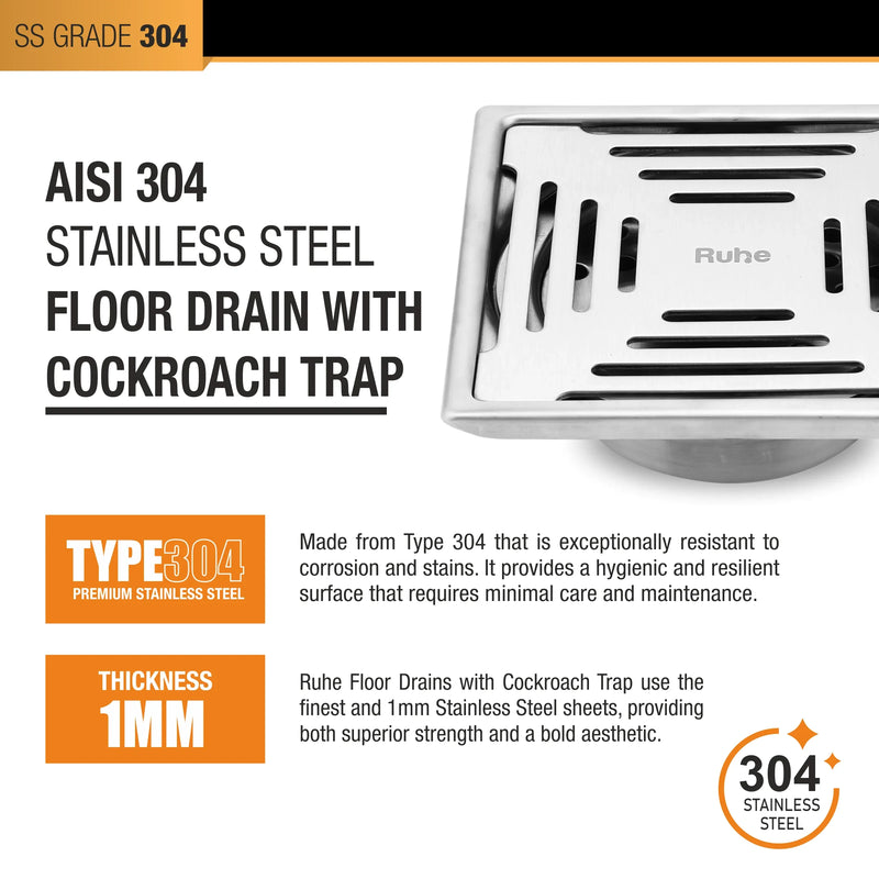 Opal Square 304-Grade Floor Drain with Collar & Cockroach Trap (5 x 5 Inches) - by Ruhe