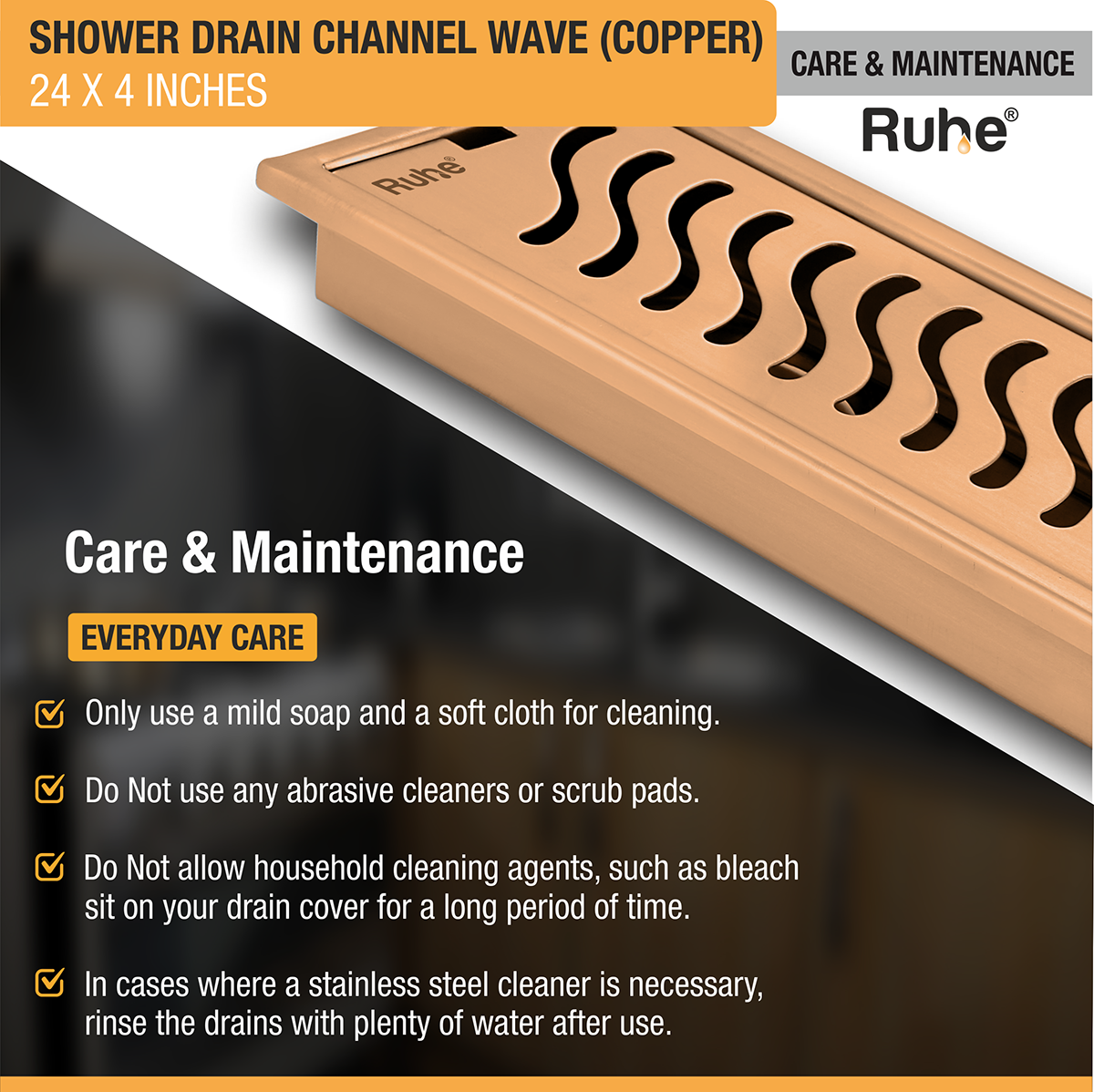 Wave Shower Drain Channel (24 x 4 Inches) ROSE GOLD PVD Coated - by Ruhe®