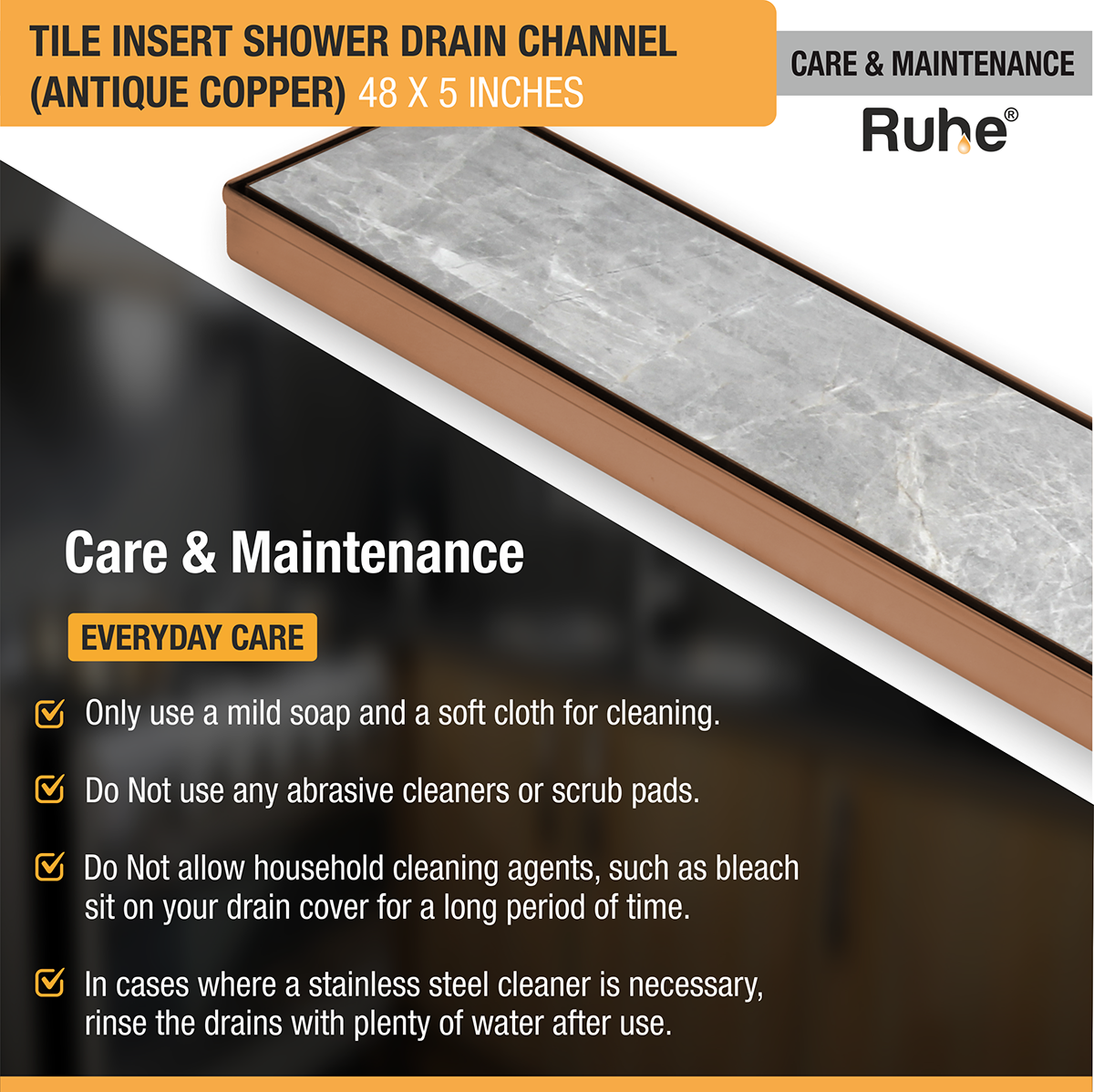 Tile Insert Shower Drain Channel (48 x 5 Inches) ROSE GOLD PVD Coated - by Ruhe®