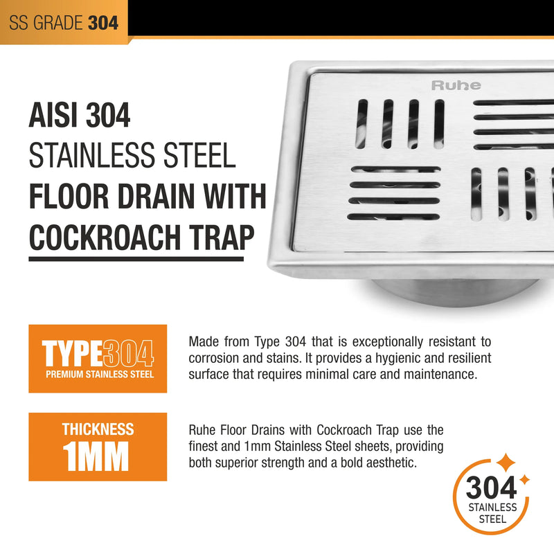 Ruby Square 304-Grade Floor Drain with Collar & Cockroach Trap (6 x 6 Inches) - by Ruhe