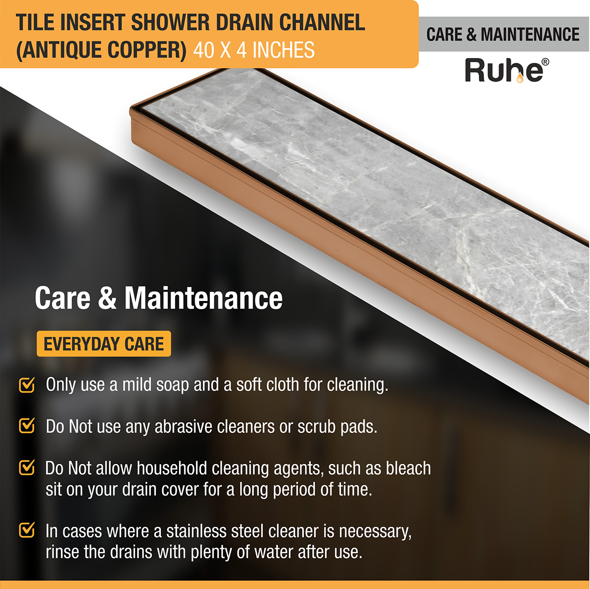 Tile Insert Shower Drain Channel (40 x 4 Inches) ROSE GOLD PVD Coated - by Ruhe®