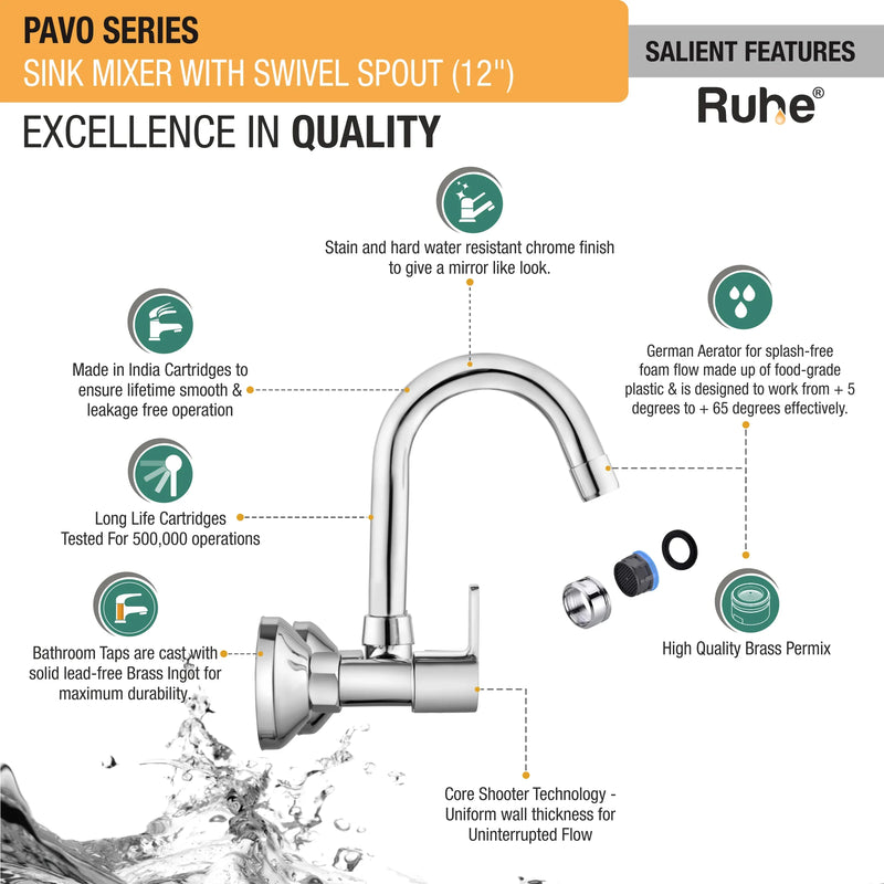 Pavo Wall Mount Kitchen Sink Mixer Tap with Swivel Spout