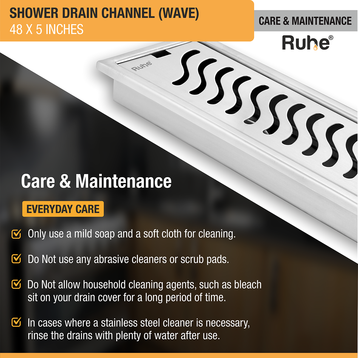 Wave Shower Drain Channel (48 x 5 Inches) with Cockroach Trap (304 Grade) - by Ruhe®