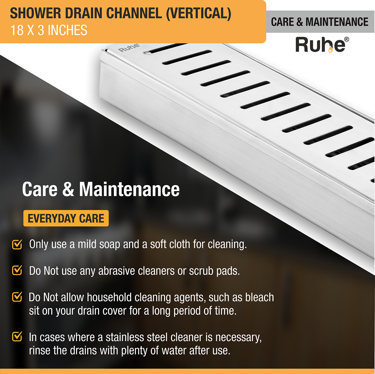 Vertical Shower Drain Channel (18 x 3 Inches) with Cockroach Trap (304 Grade) - by Ruhe®