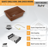 Quartz Single Bowl Choco Brown Kitchen Sink (24 x 18 x 9 inches) with accessories
