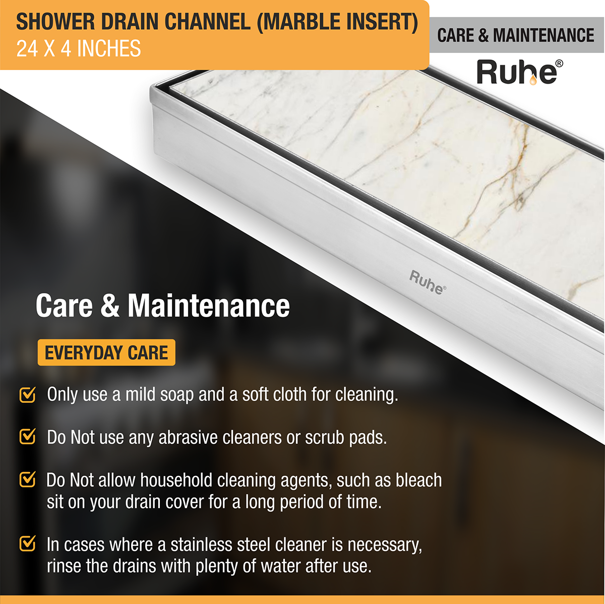 Marble Insert Shower Drain Channel (24 x 4 Inches) with Cockroach Trap (304 Grade) - by Ruhe®