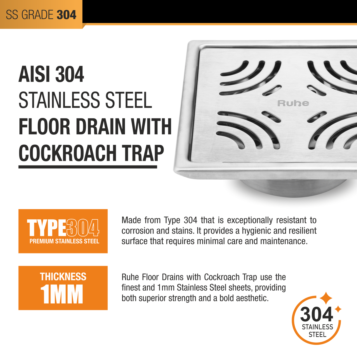 Emerald Square 304-Grade Floor Drain with Collar & Cockroach Trap (5 x 5 Inches) - by Ruhe