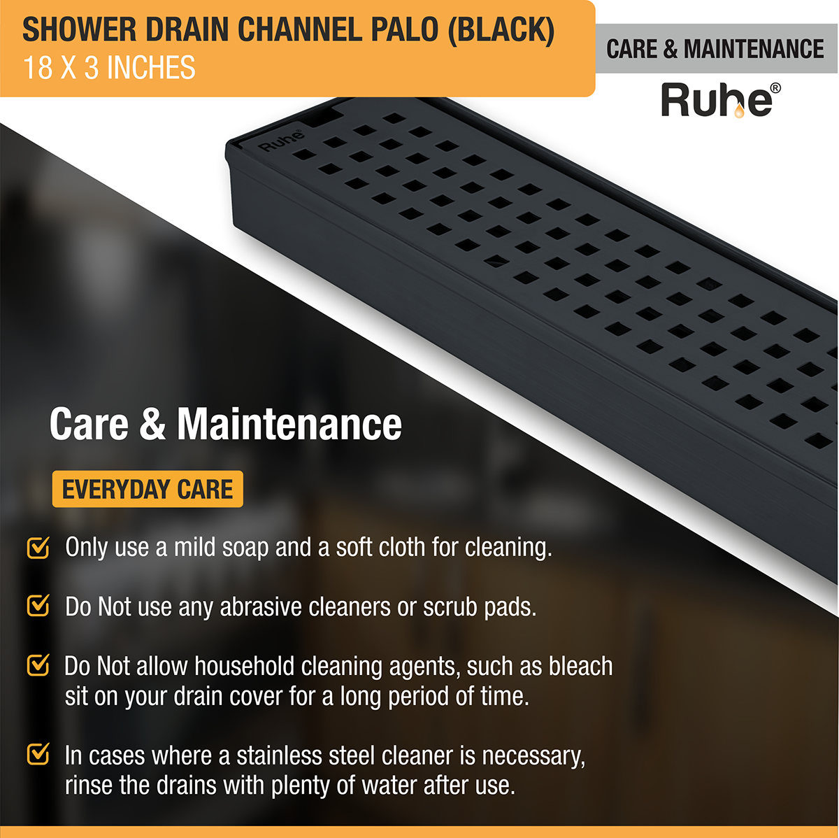 Palo Shower Drain Channel (18 x 3 Inches) Black PVD Coated - by Ruhe®