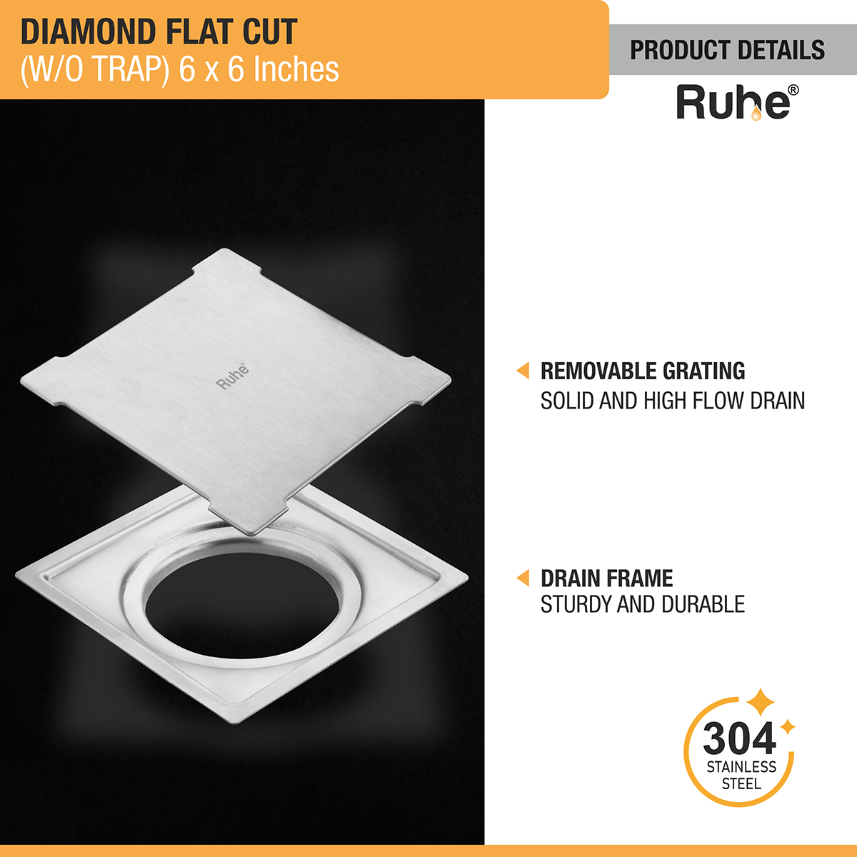 Diamond Square Flat Cut 304-Grade Floor Drain (6 x 6 Inches) with removable grating and drain frame