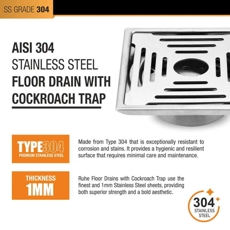 Opal Square 304-Grade Floor Drain with Collar, Hole & Cockroach Trap (6 x 6 Inches) - by Ruhe
