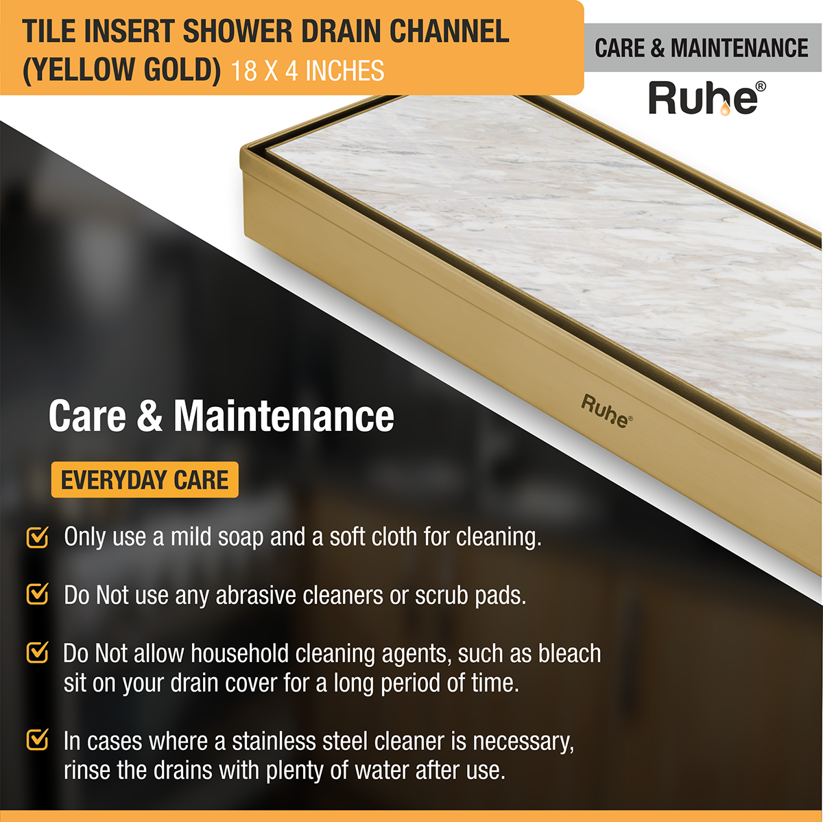 Tile Insert Shower Drain Channel (18 x 4 Inches) YELLOW GOLD PVD Coated - by Ruhe®