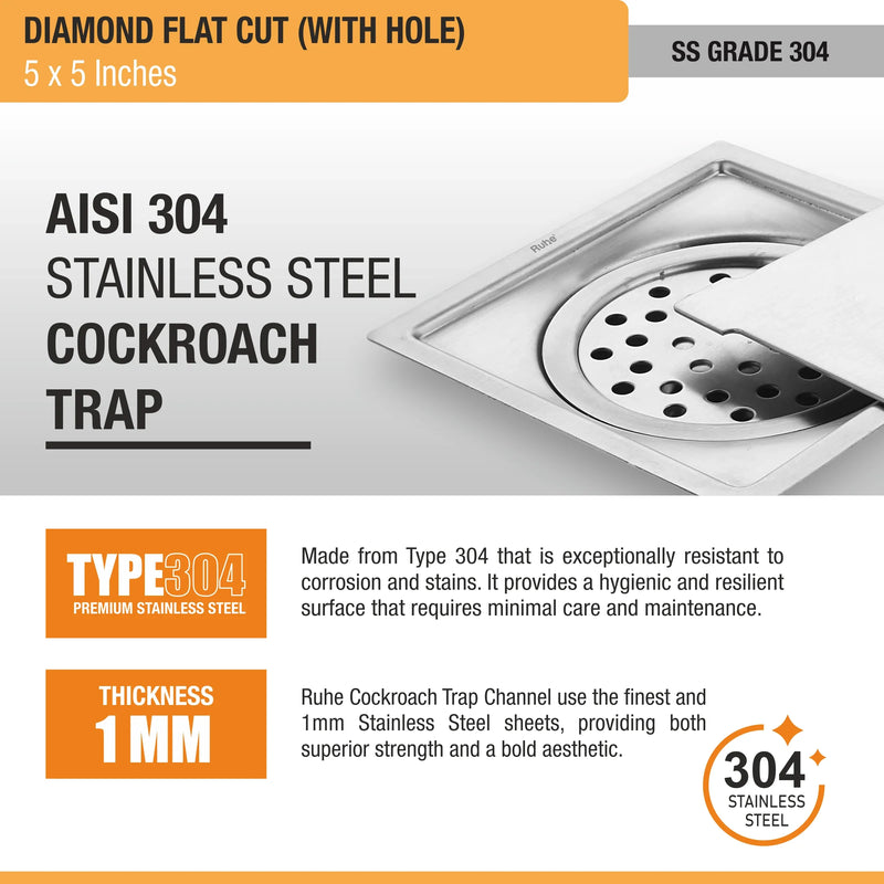 Diamond Square Flat Cut 304-Grade Floor Drain with Hole & Cockroach Trap (5 x 5 Inches) - by Ruhe