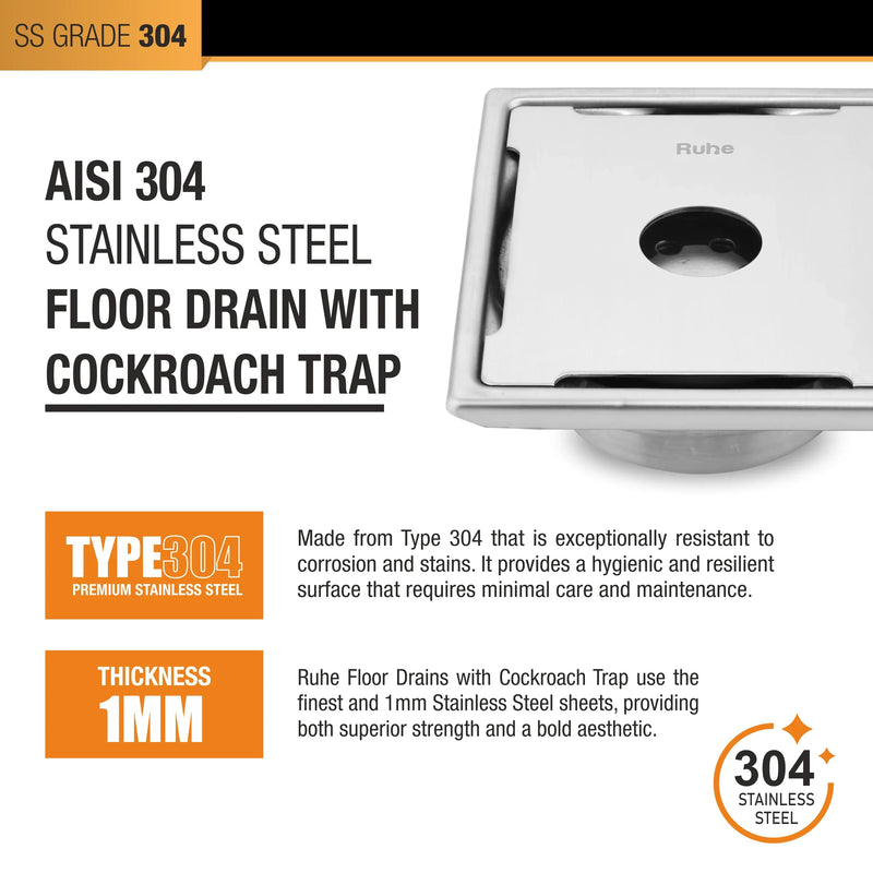 Diamond Square 304-Grade Floor Drain with Collar, Hole & Cockroach Trap (5 x 5 Inches) - by Ruhe