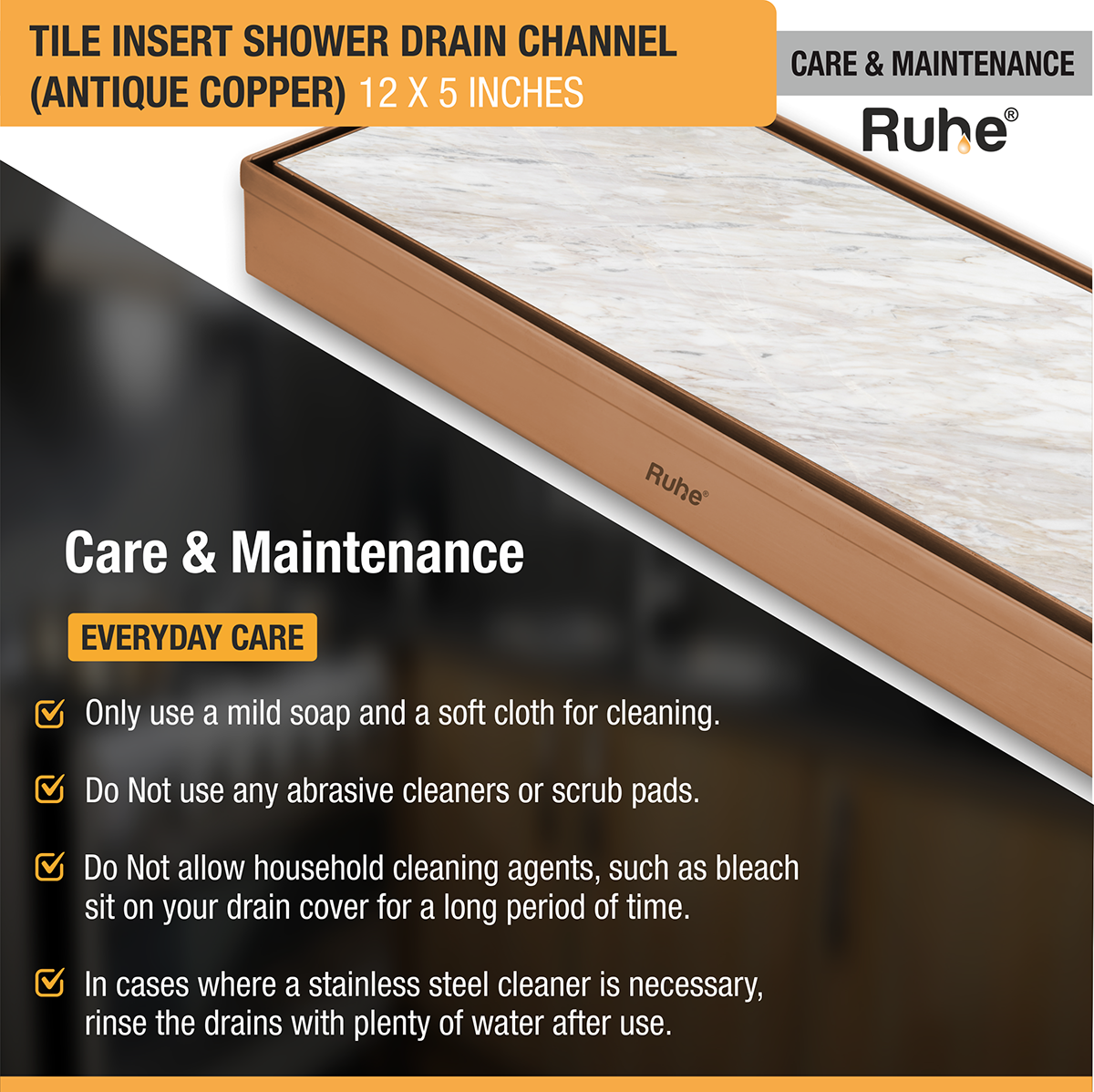 Tile Insert Shower Drain Channel (12 x 5 Inches) ROSE GOLD PVD Coated - by Ruhe®