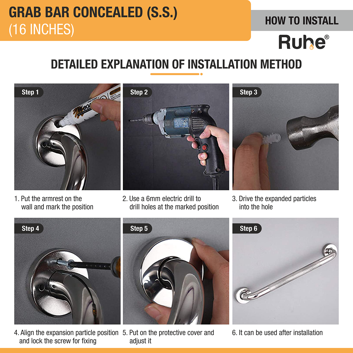 Grab Bar Stainless Steel (16 Inches) Concealed - by Ruhe