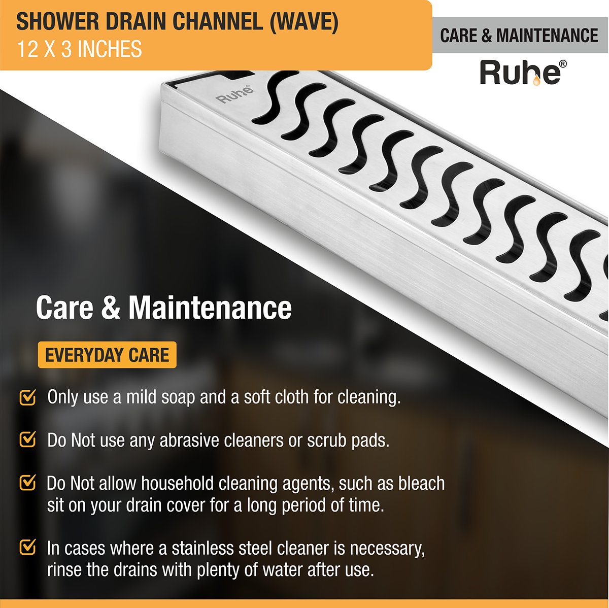 Wave Shower Drain Channel (12 x 3 Inches) with Cockroach Trap (304 Grade) - by Ruhe®