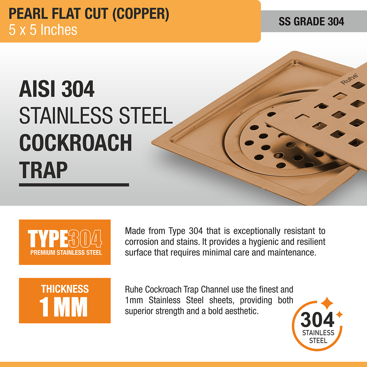 Pearl Square Flat Cut Floor Drain in Antique Copper PVD Coating (5 x 5 Inches) stainless steel