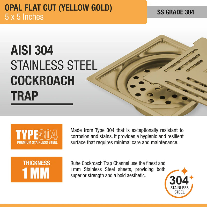 Opal Square Flat Cut Floor Drain in Yellow Gold PVD Coating (5 x 5 Inches) - by Ruhe