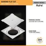 Diamond Square Flat Cut 304-Grade Floor Drain (5 x 5 Inches) with removable grating and drain frame