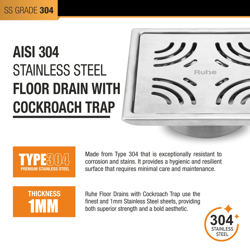 Emerald Square 304-Grade Floor Drain with Collar & Cockroach Trap (6 x 6 Inches) - by Ruhe