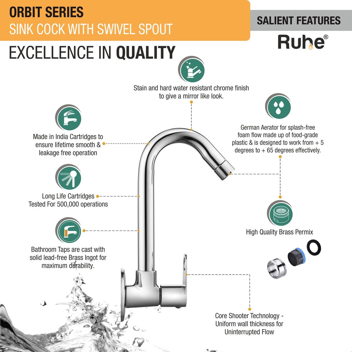 Orbit Sink Tap with Small (12 inches) Round Swivel Spout Brass Faucet features