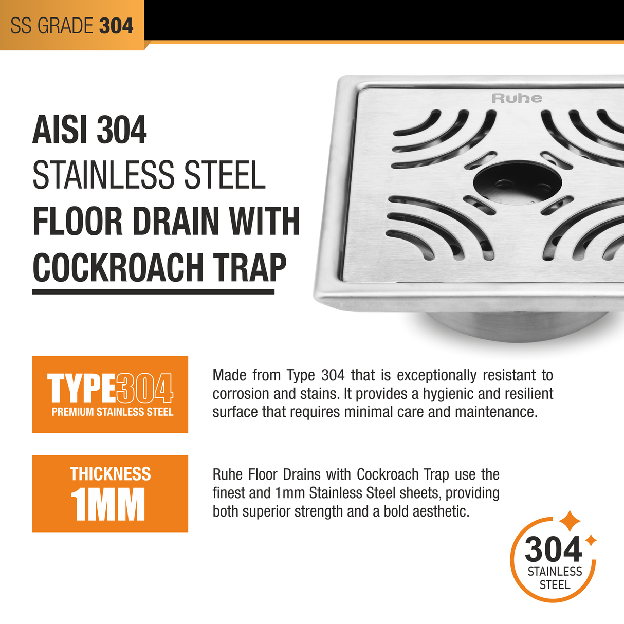 Emerald Square 304-Grade Floor Drain with Collar, Hole & Cockroach Trap (6 x 6 Inches) - by Ruhe