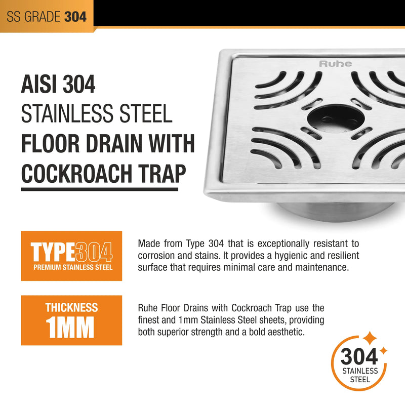 Emerald Square 304-Grade Floor Drain with Collar, Hole & Cockroach Trap (6 x 6 Inches) - by Ruhe