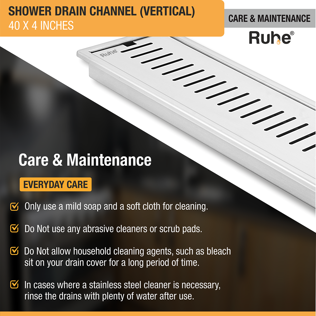 Vertical Shower Drain Channel (40 x 4 Inches) with Cockroach Trap (304 Grade) - by Ruhe®