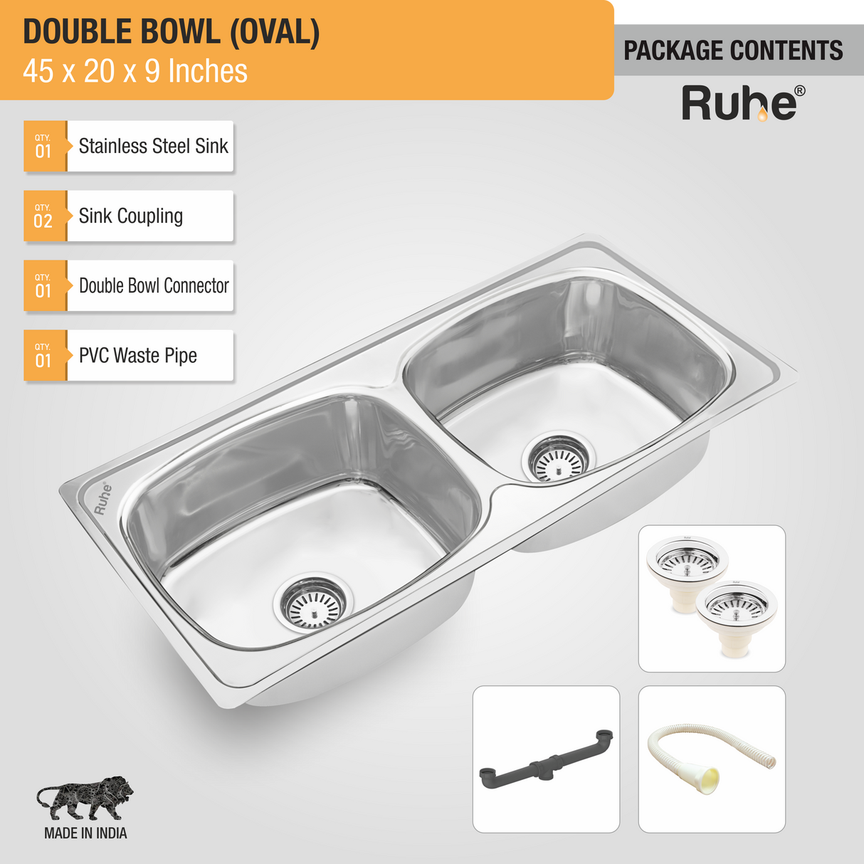 Oval Double Bowl Premium Stainless Steel (45 x 20 x 9 inches) Kitchen Sink with sink coupling, double bowl connector, waste pipe