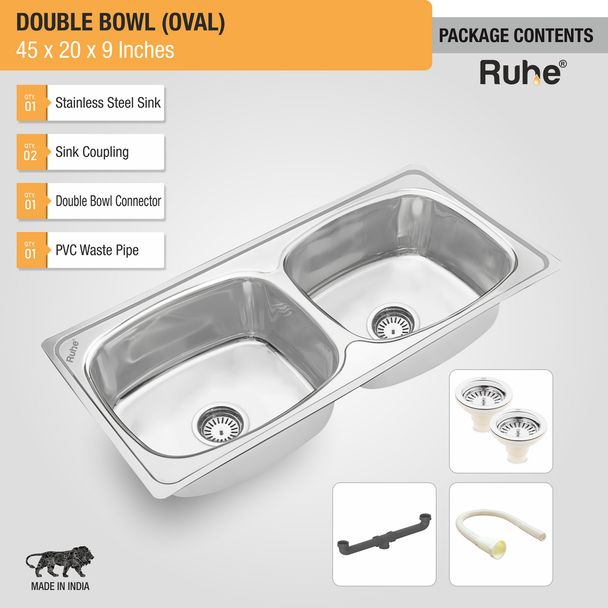 Oval Double Bowl (45 x 20 x 9 inches) Kitchen Sink - by Ruhe