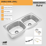 Oval Double Bowl Premium Stainless Steel (45 x 20 x 9 inches) Kitchen Sink with sink coupling, double bowl connector, waste pipe