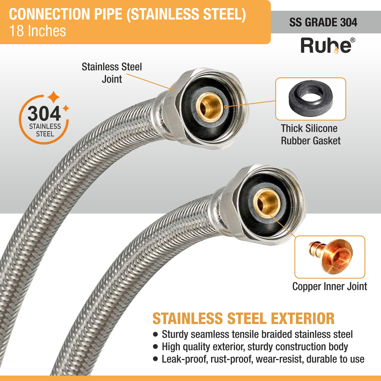 Geyser Connection Pipe SS (18 Inches) (304 Grade) (Pack of 2) stainless steel