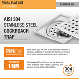 Pearl Floor Drain Square Flat Cut (5 x 5 Inches) with Cockroach Trap (304 Grade) stainless steel