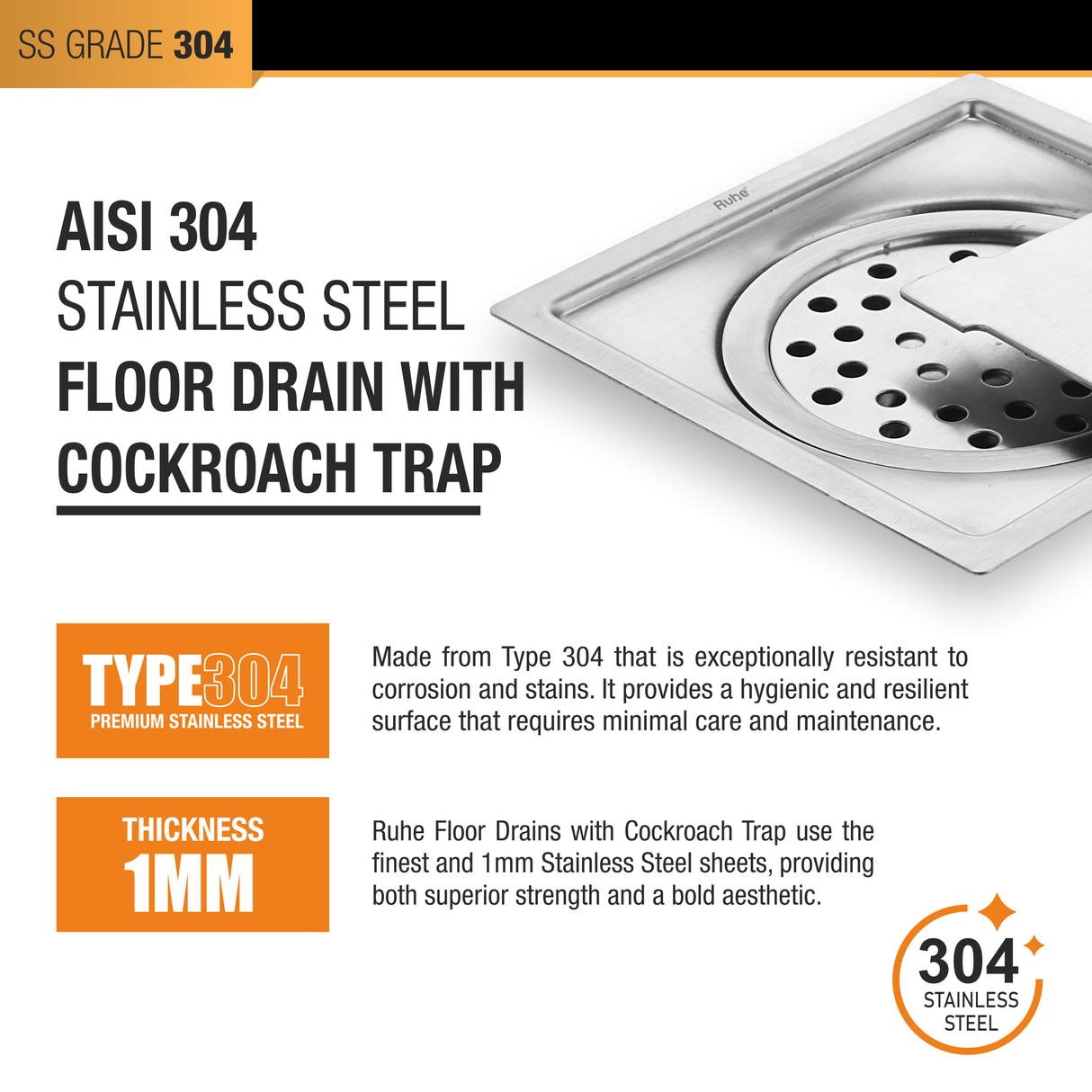 Diamond Square Flat Cut 304-Grade Floor Drain with Hole & Cockroach Trap (6 x 6 Inches) - by Ruhe