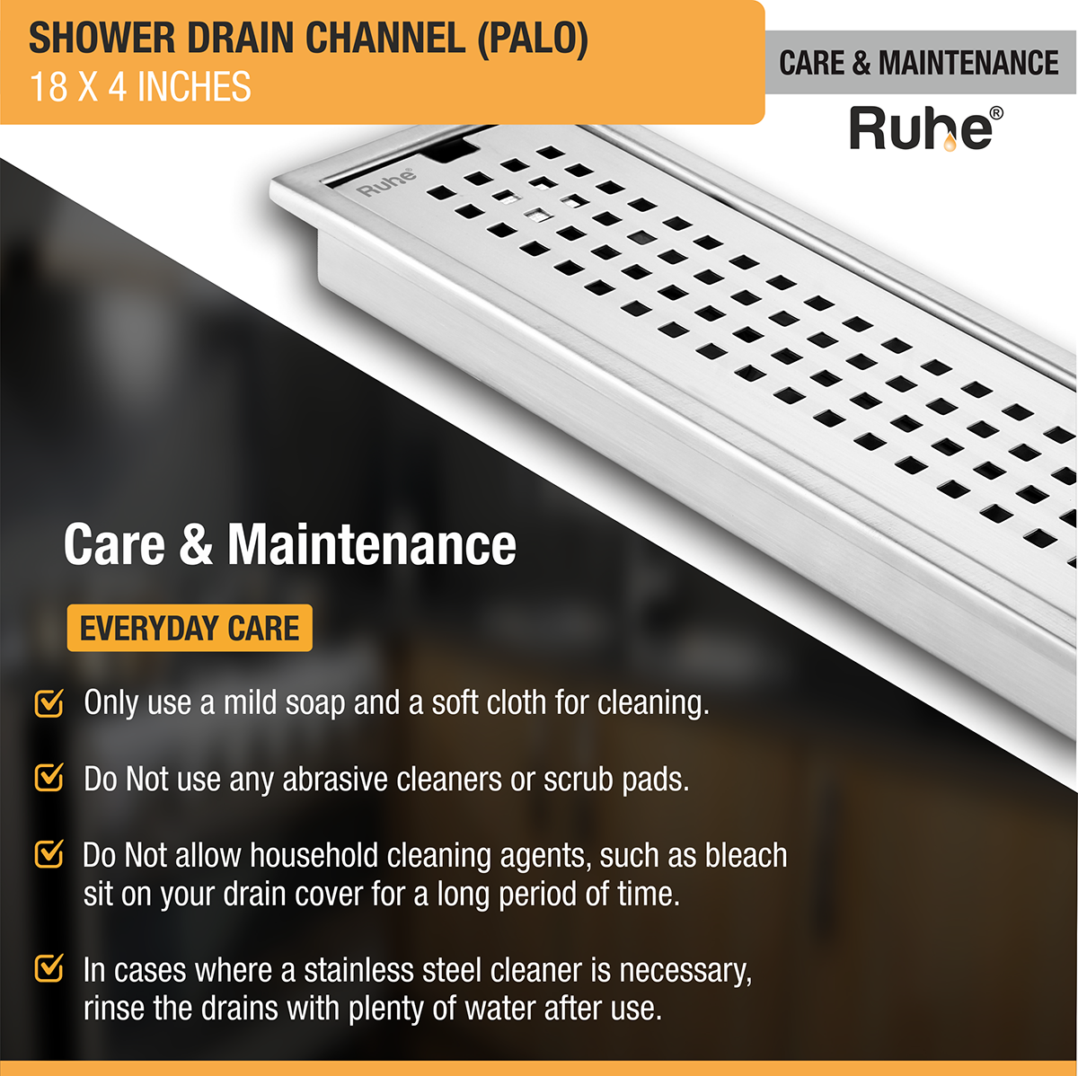 Palo Shower Drain Channel (18 x 4 Inches) with Cockroach Trap (304 Grade) - by Ruhe®