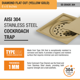 Diamond Square Flat Cut Floor Drain in Yellow Gold PVD Coating (6 x 6 Inches) stainless steel