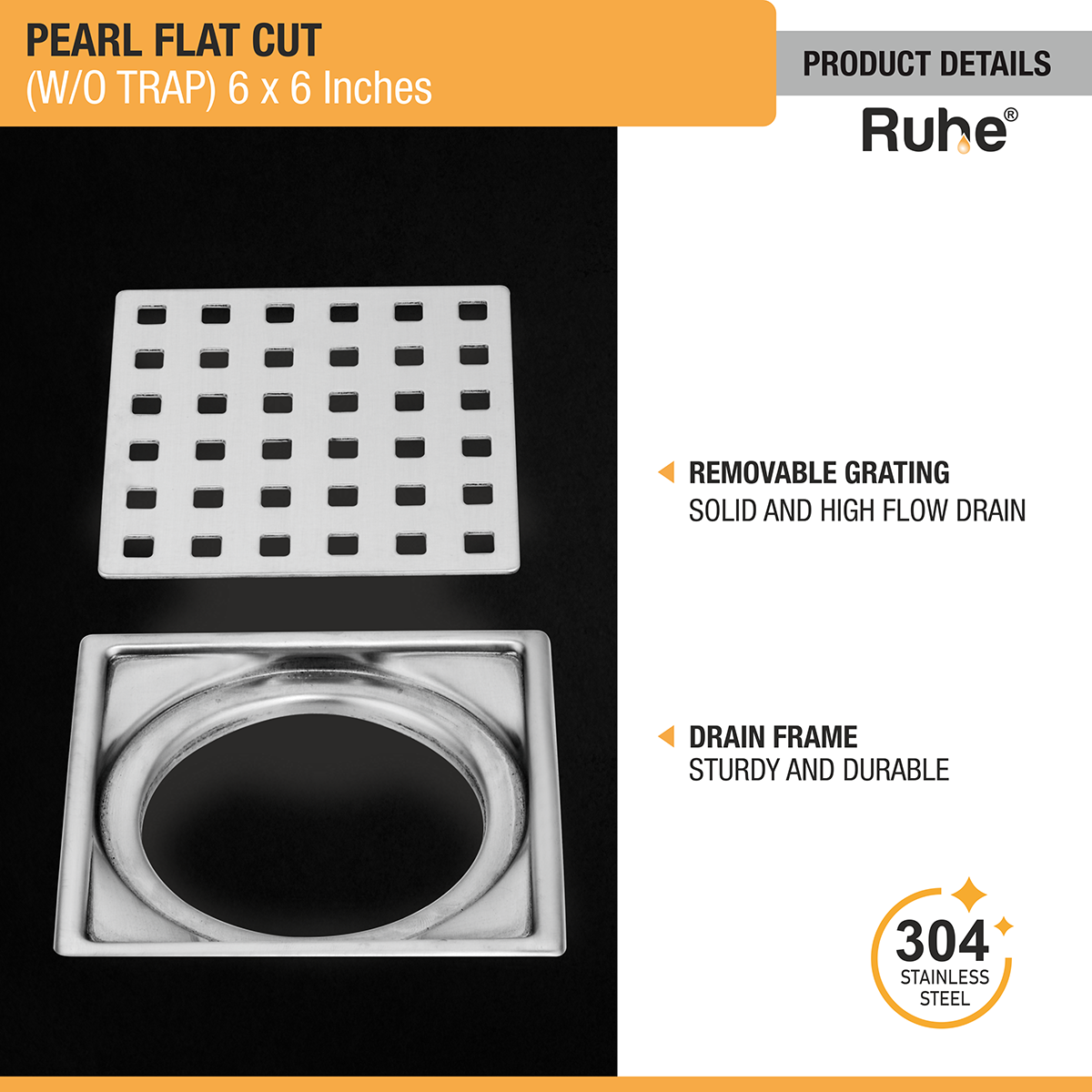 Pearl Square Flat Cut 304-Grade Floor Drain (6 x 6 Inches) - by Ruhe®