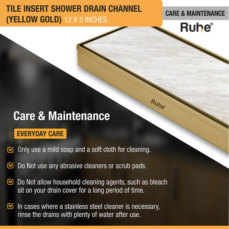 Tile Insert Shower Drain Channel (12 x 5 Inches) YELLOW GOLD PVD Coated - by Ruhe