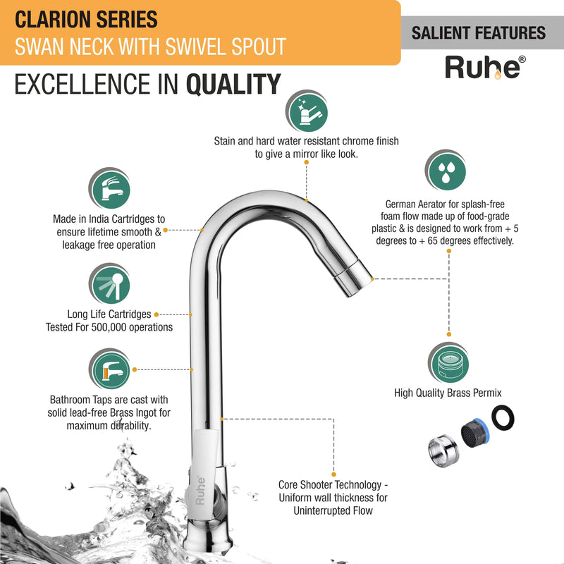 Clarion Swan Neck Brass Faucet with Medium (12 inches) Round Swivel Spout - by Ruhe