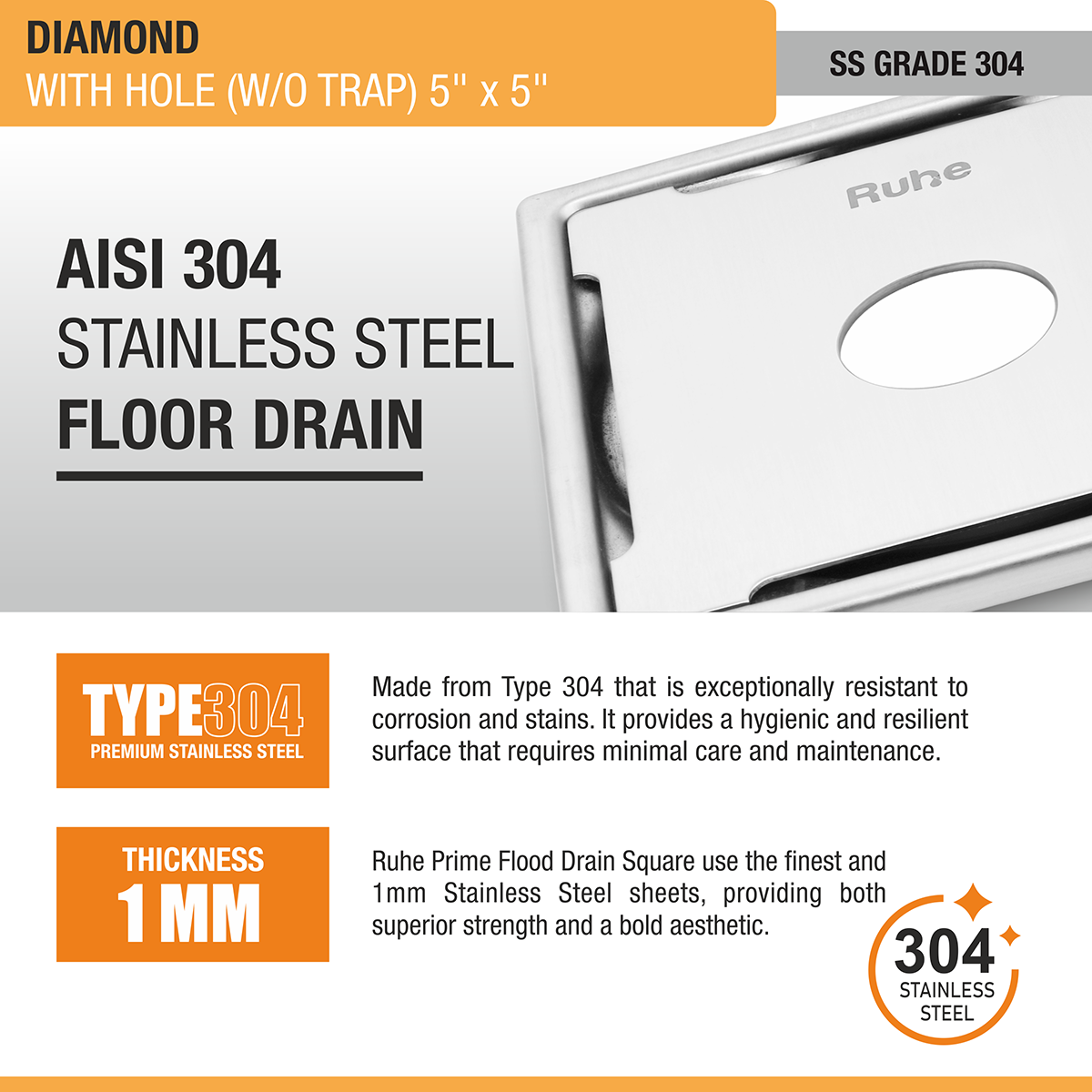 Diamond Square Floor Drain (5 x 5 Inches) with Hole (304 Grade) stainless steel
