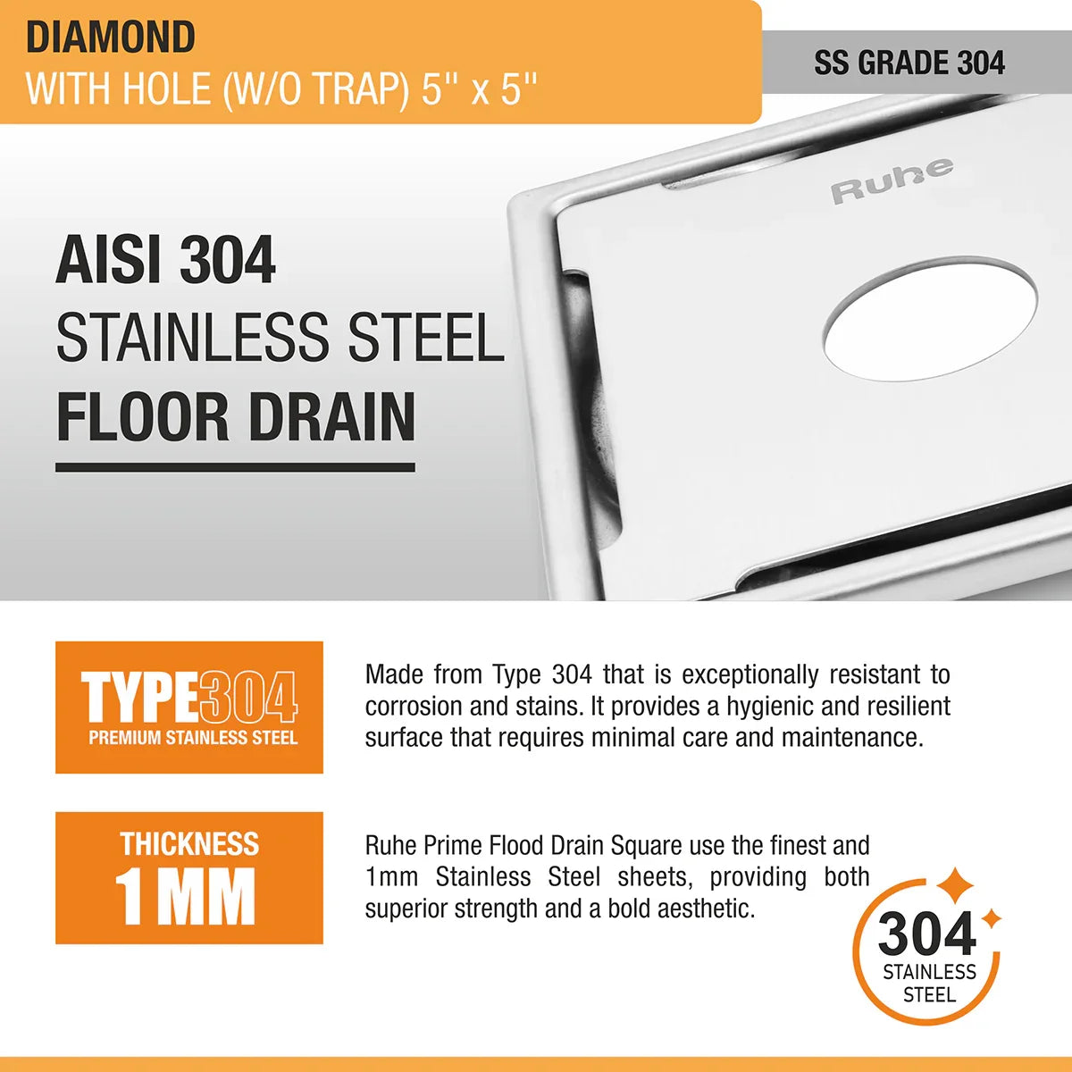 Diamond Square 304-Grade Floor Drain with Hole (5 x 5 Inches) - by Ruhe
