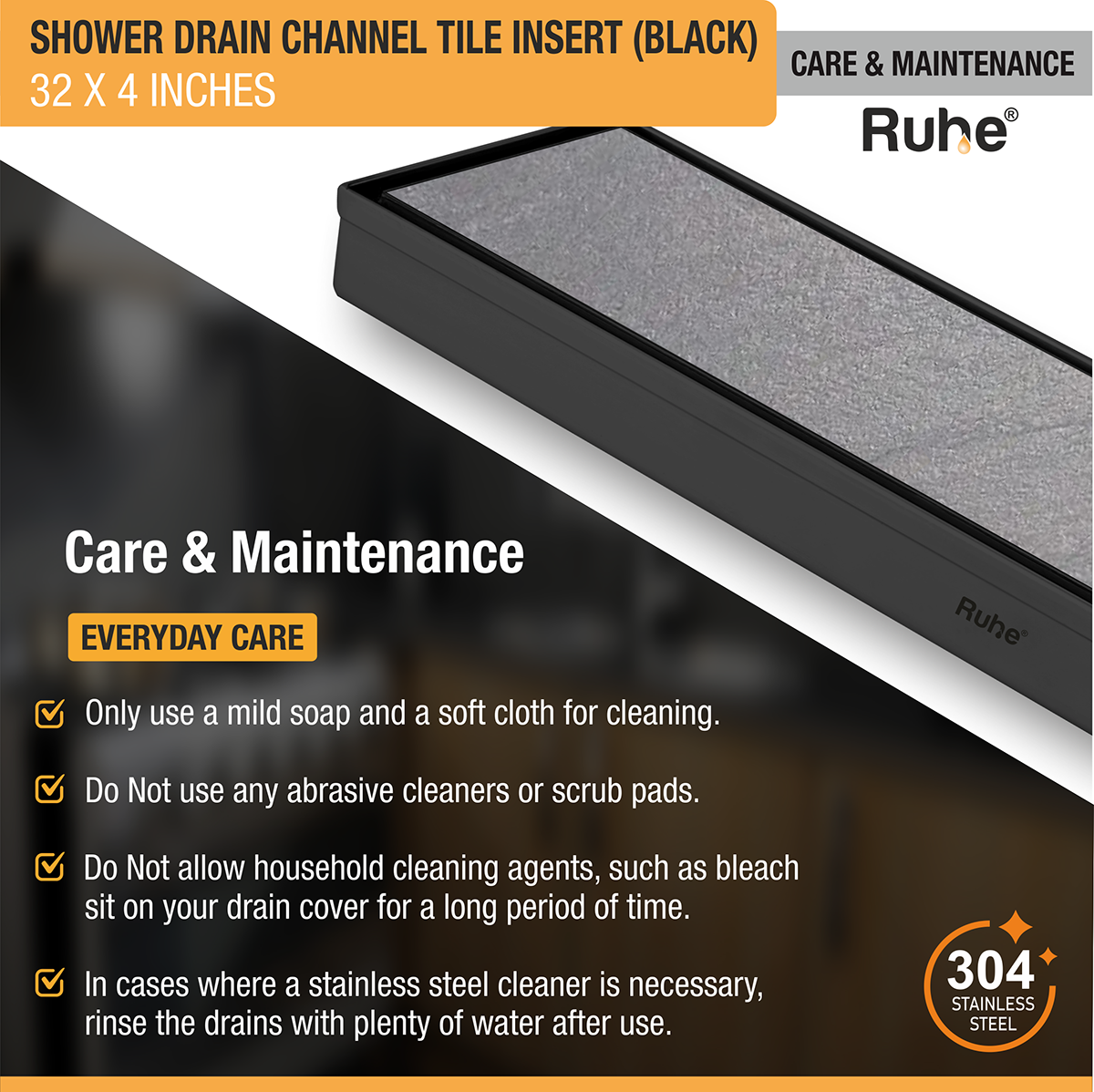 Tile Insert Shower Drain Channel (32 x 4 Inches) Black PVD Coated - by Ruhe®